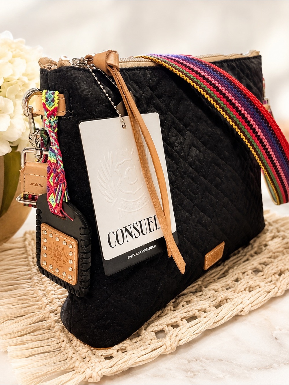 NWT Consuela Black Quilted Crossbody Bag Multicolor Woven Strap Tags